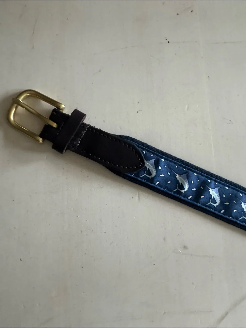 Vineyard Vines Navy Patterned Kids Belt with Leather Trim